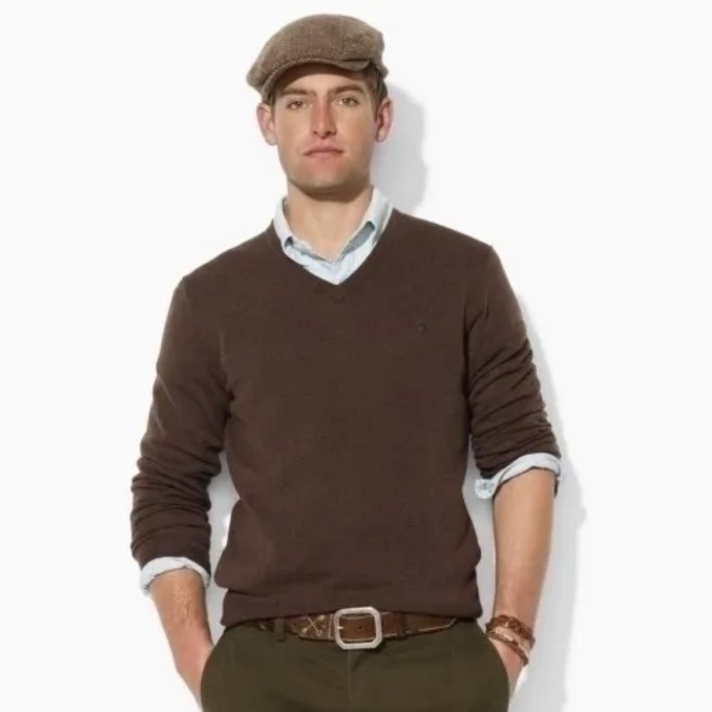 Polo Ralph Lauren Lambswool Knit Sweater V-Neck Brown Size Medium Vintage